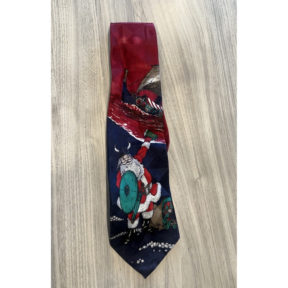 Vintage Viking Santa Christmas Necktie – Novelty Holiday Tie Longship Print‎ - Picture 2 of 3